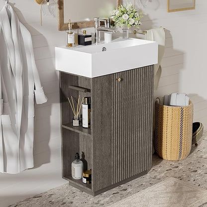 Merax Small Bathroom Vanity, Modern Floor Standing Bathroom Vanity with Sink, Ceramic Sink Vanity with Side Storage Shelves and Toilet Paper Holders, Dark Grey