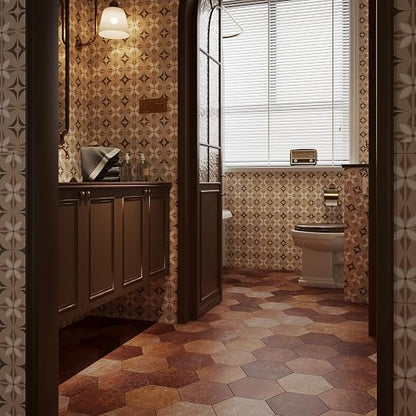 W&S 24-Sheets Hexagon Peel and Stick Floor Tile, Red Brown Peel and Stick Backsplash Tile for Wall, Self Adhesive Faux Stone Flooring DIY for Kitchen, Living Room, RV, Bathroom