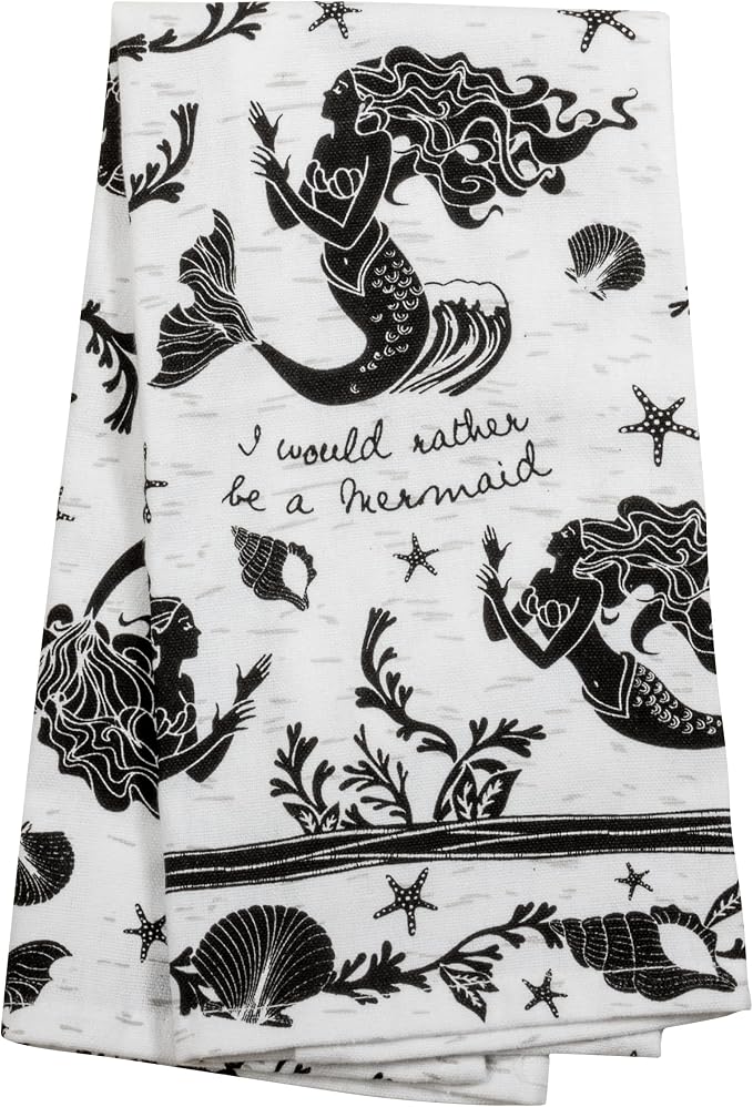 Karma Gifts Black And White Boho Tea Towel,Cotton, Mermaid 18" x 22"