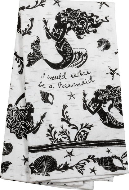 Karma Gifts Black And White Boho Tea Towel,Cotton, Mermaid 18" x 22"