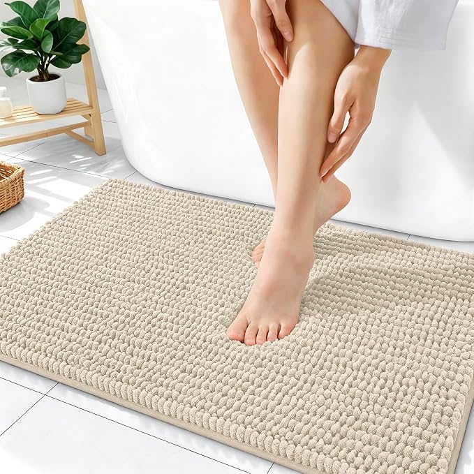 OLANLY Thick Chenille Bathroom Rugs 36x24, Soft Absorbent Bath Mat, Sand | Bath Rugs, Rubber Backing, Machine Wash Dry, Bath Mats for Bathroom Floor, Tub and Shower, Home Decor Accessories