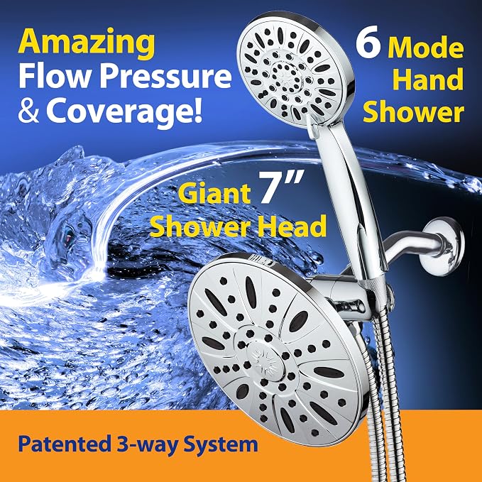 AquaDance 7" Premium High Pressure 3-way Rain & Handheld Shower Head Combo | Enjoy Luxury 7-inch Showerhead & 6-mode Hand Shower Separately or Together! Premium Stainless Steel Hose - Chrome