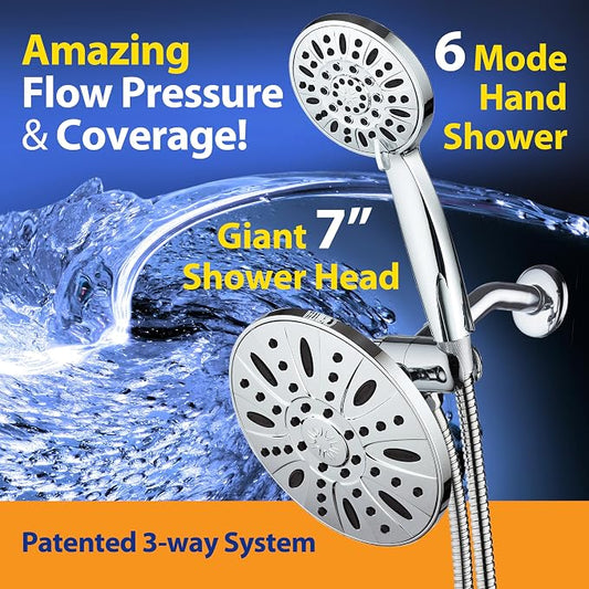 AquaDance 7" Premium High Pressure 3-way Rain & Handheld Shower Head Combo | Enjoy Luxury 7-inch Showerhead & 6-mode Hand Shower Separately or Together! Premium Stainless Steel Hose - Chrome