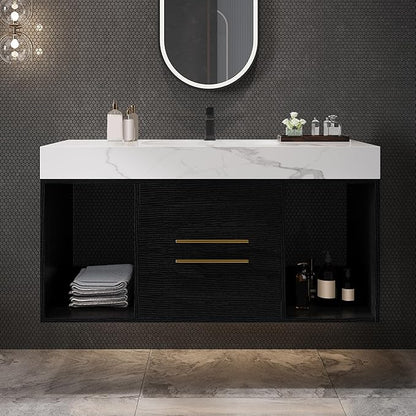 40" Modern Black Bathroom Vanity, Floating Bathroom Vanities with Ceramic Sink, 40 inch Wall Mounted Bathroom Sink Storage Cabinet with 2 Drawers&2 Open Shelves&Gold Metal Handle