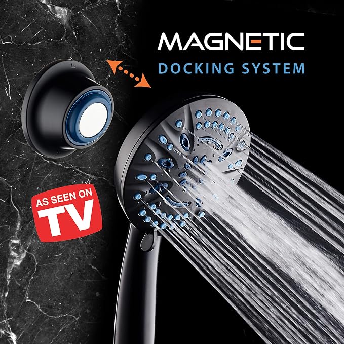 AquaCare Magneton 8-Mode High Pressure Handheld Shower Head with 2 Brackets | Space-age Magnetic Guidance Docking, Giant 5-inch Face with Hygienic Jets, Extra-long 6 ft. Stainless Steel Hose / Black