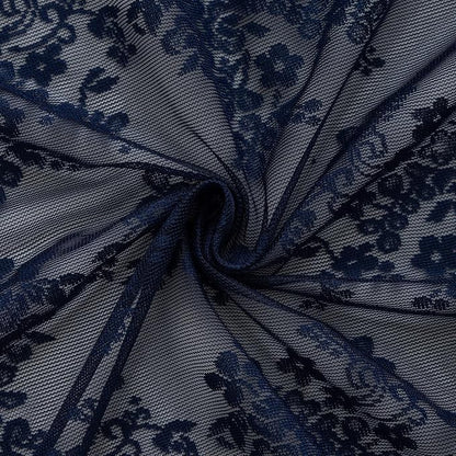 TUDECO Navy Blue Lace Stall Shower Curtain with Valance 36''W x 72''L | Narrow, Half Size, for Boys Mens Bathroom, Retro Floral, Semi-Sheer, Scalloped Edges, Reinforced Holes, Machine Washable