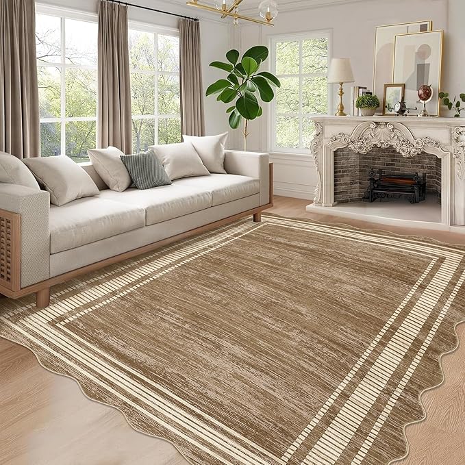 Garvee Scalloped Area Rug 9x12 Large Washable Rug for Living Room Brown | Girls Rug for Bedroom, Non-Slip Soft Carpet for Bedroom, Scalloped Low-Pile Print Accent Rug for Dining Room Home Office