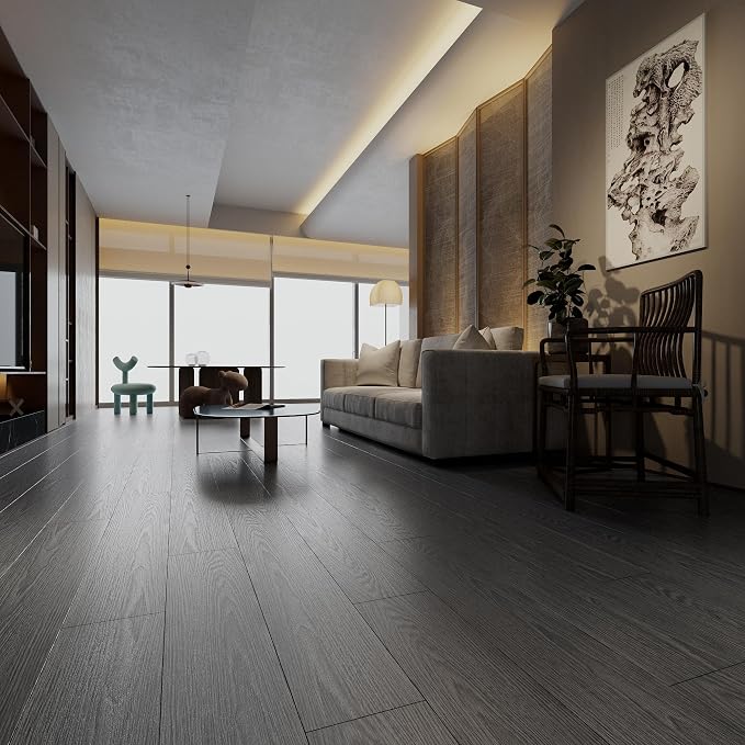 Hilarious Peel and Stick Vinyl Floor Tiles, Dark Gray Wood Look, 36 Planks Cover 54 Sq.Ft Waterproof Self-Adhesive Flooring for Kitchen Bathroom, Living Room, RV, Modern Style Vinyl Flooring, Easy DIY