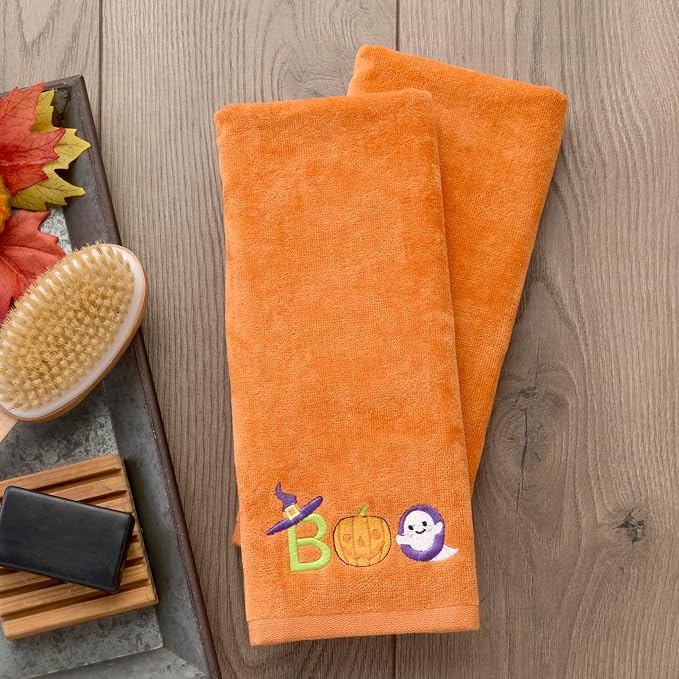 SKL Home Halloween Boo Hand Towel Set-2pc, 100% Cotton, Embroidered, Orange | Soft, decorative velour. Great for the bathroom, kitchen or bar & gifting.