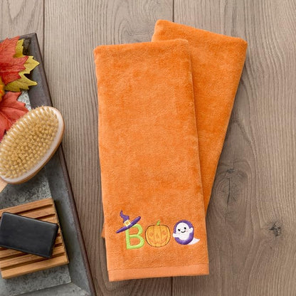 SKL Home Halloween Boo Hand Towel Set-2pc, 100% Cotton, Embroidered, Orange | Soft, decorative velour. Great for the bathroom, kitchen or bar & gifting.