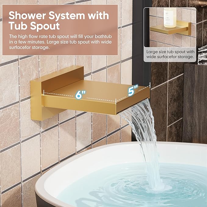Brushed Gold Shower System, All Metal Gold Shower Faucet Set with Tub Spout, 10'' Gold Shower Head with Handheld, 59'' Shower Hose, Shower Valve and Diverter, Wall Mounted Bath Tub Faucet Set