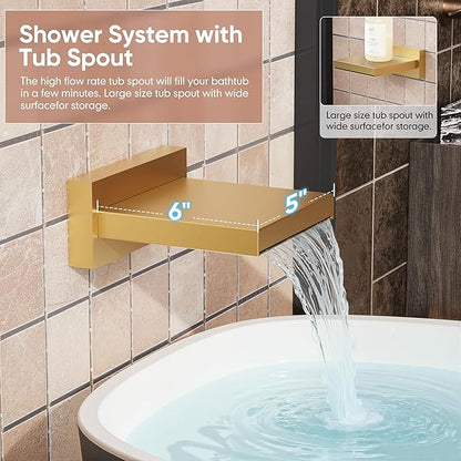 Brushed Gold Shower System, All Metal Gold Shower Faucet Set with Tub Spout, 10'' Gold Shower Head with Handheld, 59'' Shower Hose, Shower Valve and Diverter, Wall Mounted Bath Tub Faucet Set