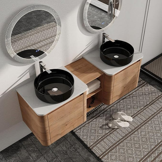 Malwee 60" Floating Bathroom Vanity with Sink, 60 Inch Wall Mounted Bathroom Cabinet Combo, Modern Double Sink Bath Storage Vanity Set, with 2 Soft Close Doors and Ceramic Vessel Basin Top(60-RR