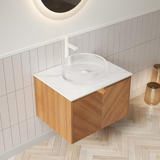 24 Inch Bathroom Vanity with Sink, Floating Fluted Vanity with Vessel Sink, Small Wall Mounted Bathroom Vanity Cabinet with 2 Doors, Glass Vessel Sink & Sintered Stone Top, Oak