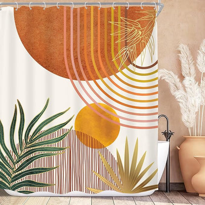 Mid Century Orange Boho Abstract Modern S Bathroom Shower Curtain Set | 60Wx72L Plant Botanical design, waterproof HD print with fast-drying fabric and 12 hooks.