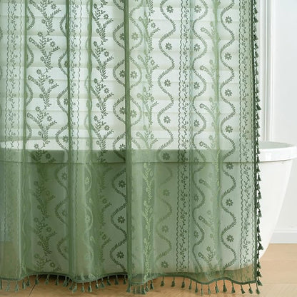 WAZZIO Dark Sage Green Lace Shower Curtain for Bathroom 72" W x 72" L, Victorian Farmhouse Floral Pattern Tassel Fancy Shower Curtain Boho Washable Cloth Decorative Bath Curtains,1 Panel