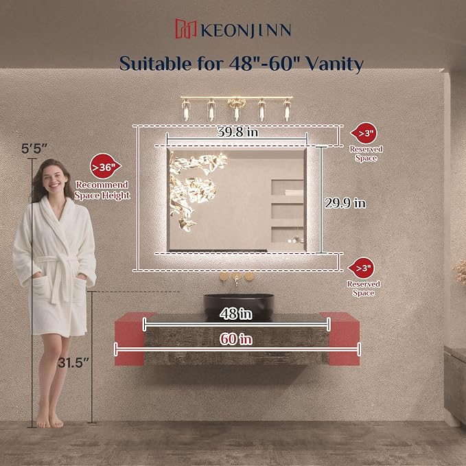 Keonjinn 40"x30" LED Backlit Mirror, Lighted Bathroom Mirrors for Over Sink | Tempered Glass Beveled Edge, Dimmable 3 Color Lights, Defogging, Memory Function, Effortless French Cleat Installation, Salon