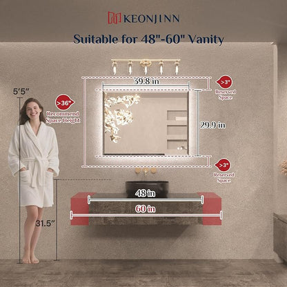 Keonjinn 40"x30" LED Backlit Mirror, Lighted Bathroom Mirrors for Over Sink | Tempered Glass Beveled Edge, Dimmable 3 Color Lights, Defogging, Memory Function, Effortless French Cleat Installation, Salon