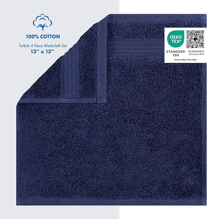 Cotton Paradise 100% Cotton Turkish Washcloth Set for Bathroom, 4 Piece Soft Absorbent Small Towels Wash Rags, Navy Blue