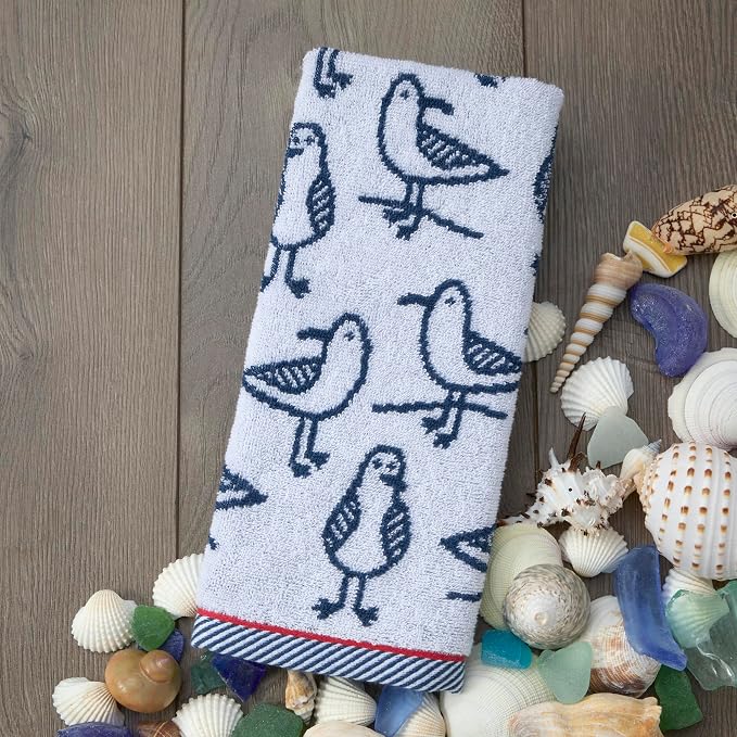 SKL Home Nautical Seagull Sam Hand Towel Set-2pc, Reversible, White | 100% Cotton. Plush & absorbent jacquard. Great for everyday & coastal décor in the bathroom, kitchen or bar.