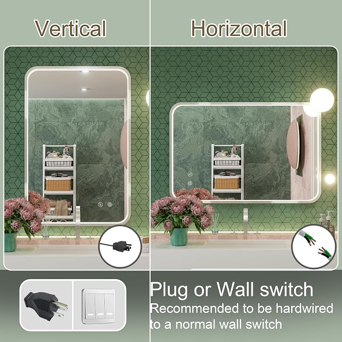 24"x36" Silver LED Bathroom Mirror with Lights,3000K/4500K/6000K | Stepless Dimmable,Anti-Fog,Memory Function,Aluminum Frame Wall Mount Lighted Bathroom Vanity Mirror,ETL Cert‌,IP54 Waterproof
