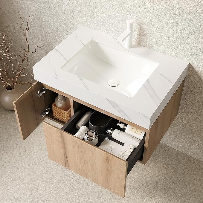 Ambrovina 30" Floating Bathroom Vanity with Sink, Wall Mount Storage Bathroom Vanities with Drawer and Door, Carrara White Sintered Stone Top and Ceramic Basin, Pre-Assembled Cabinet, Light Wooden