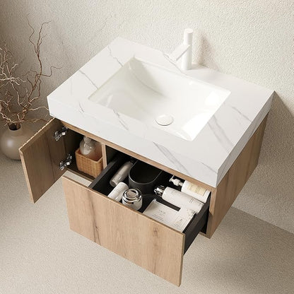 Ambrovina 30" Floating Bathroom Vanity with Sink, Wall Mount Storage Bathroom Vanities with Drawer and Door, Carrara White Sintered Stone Top and Ceramic Basin, Pre-Assembled Cabinet, Light Wooden
