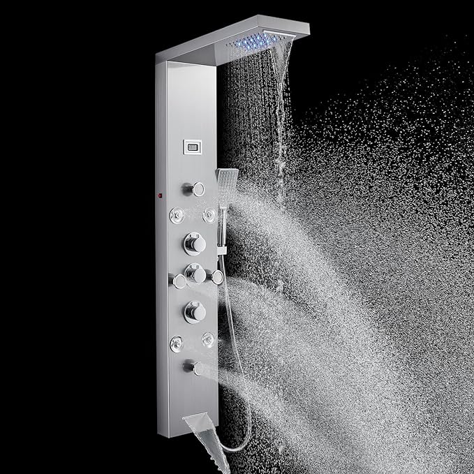 POPFLY LED Rainfall Waterfall Shower Panel Tower System, 4 Body Jets and 4 Mist Spray, 3-Function Handheld Shower, 304 Stainless Steel Shower Tower with Temp Display, Brushed