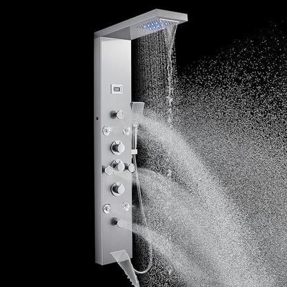 POPFLY LED Rainfall Waterfall Shower Panel Tower System, 4 Body Jets and 4 Mist Spray, 3-Function Handheld Shower, 304 Stainless Steel Shower Tower with Temp Display, Brushed