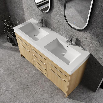 60" Freestanding Bathroom Vanity with Sink | 2 Soft Closing Doors & 6 Drawers Freestanding Vanity with Double Resin Sink, Original Oak Plywood (KD-PACKING)