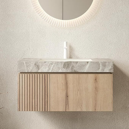 36” Floating Bathroom Vanity with Sink, Wall-Mounted Cabinet with Drawer & Doors, Gray Travertine-Pattern Sintered Stone Top, Undermount Basin, Single Faucet Hole, Soft-Close, Pre-Assembled, Light Oak
