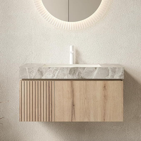36” Floating Bathroom Vanity with Sink, Wall-Mounted Cabinet with Drawer & Doors, Gray Travertine-Pattern Sintered Stone Top, Undermount Basin, Single Faucet Hole, Soft-Close, Pre-Assembled, Light Oak