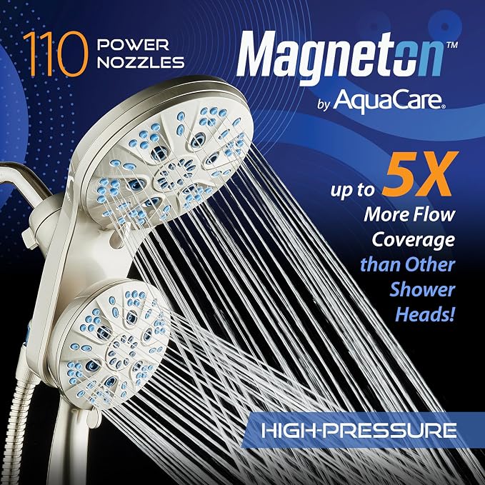 AquaCare Magneton 48-Mode High Pressure Rain & Handheld Shower Head Combo | Space-age Magnetic Guidance Docking, Dual 6-mode Heads with Hygienic Jets, Extra-long 6 ft. Stainless Steel Hose / Nickel