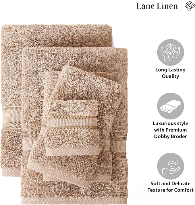 LANE LINEN Large Bath Towel Set Absorbent Quick Dry 100% Cotton - Taupe | Cotton Towels - Fade-Resistant Color, Classic Terry Weave, Densely Woven, Coordinated Colors, Dobby Border Accent