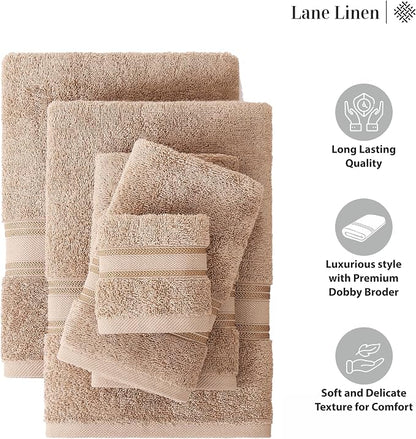 LANE LINEN Large Bath Towel Set Absorbent Quick Dry 100% Cotton - Taupe | Cotton Towels - Fade-Resistant Color, Classic Terry Weave, Densely Woven, Coordinated Colors, Dobby Border Accent