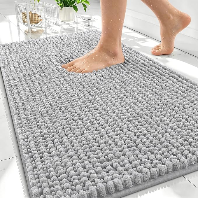 OLANLY Thick Chenille Absorbent Bathroom Rugs Mat 30x20, Light Grey | Soft Bath Rugs, Rubber Backing, Machine Wash Dry, Bath Mats for Bathroom, Tub and Shower, Home Decor Accessories