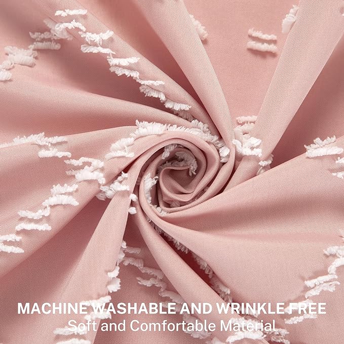 Siiluminisoy Boho Pink Textured Shower Curtain with Tassels 72 x 72 Tufted Chevron Striped Chenille Woven Fabric Cloth Shower Curtain Modern Farmhouse Minimalist, Shabby Chic Home Decor for Bathroom
