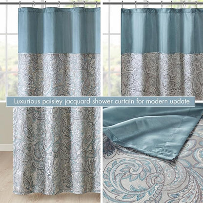 Madison Park Aubrey Shower Curtain for Bathroom, Jacquard, 72 x 72, Teal | Microfiber, Adds Privacy, Machine Washable, Striped Pattern, OEKO-TEX Certified