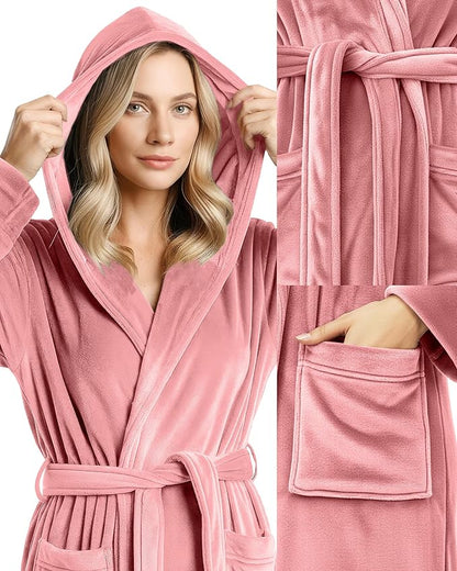 NY Threads Women's Fleece Hooded Bathrobe Plush Long Spa Robe, Medium