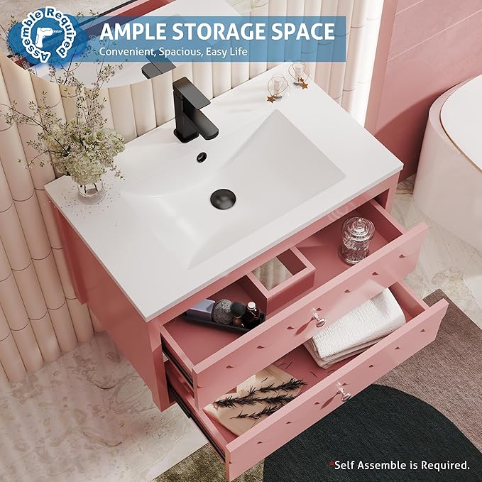 eclife 30" Floating Bathroom Vanity with Sink Combo, Modern Painted Wall-Mounted Vanities Storage Cabinet with Scalloped Decor, Undermount Basin, Faucet, Drain, Pink