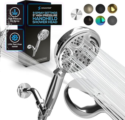 SparkPod 5 Inch 9 Spray Setting Handheld Shower Head - Water Saving Pause With On/Off Switch - Tool-Free 1-Min Install - Pulsating Rain Mode - Relaxing Rain Shower With Soothing Mist - Luxury Chrome