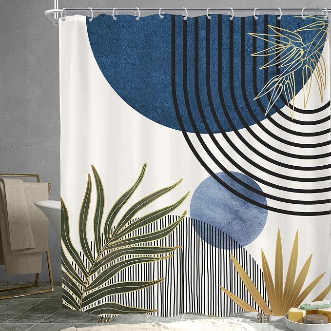 Mid Century Blue Green Boho Abstract Modern Bathroom Shower Curtain Set | 72Wx78H Sun Arch design, waterproof HD print with fast-drying fabric and 12 hooks.
