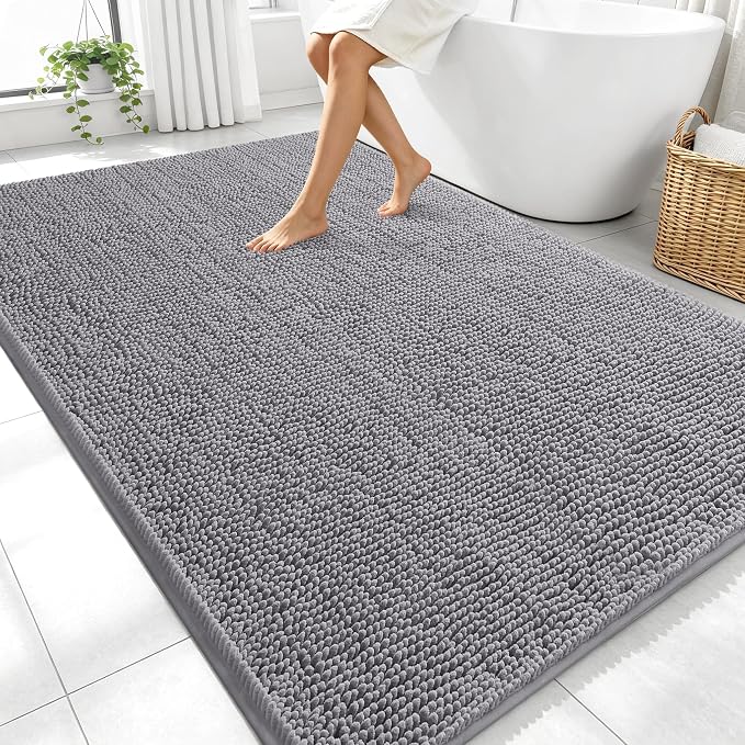 OLANLY Large Bathroom Rugs 70x46, Extra Soft Absorbent Chenille Bath Rugs | Grey, Quick-Drying Rubber Backing, Machine Washable Bath Mat for Bathroom Floor, Tub and Shower, Home Decor Accessories