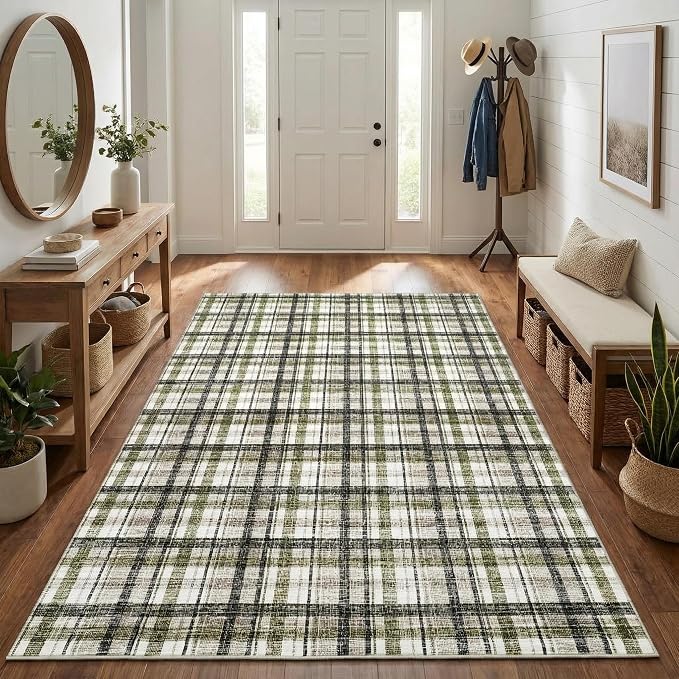 Washable 4 x 6 Area Rugs for Bedroom Modern Accent Rug Non Slip Indoor Soft Throw Rugs Low Pile Farmhouse Stain Resistant Carpet for Living Room Office Dorm Nursery, Green&Taupe