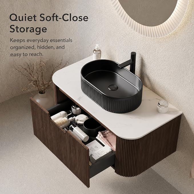 36 Inch Bathroom Vanity with Sink, Floating Wall Mounted Single Sink Vanity, Dark Walnut Curved Fluted Front, Stone Top, Black Textured Oval Vessel Basin, Pre-Assembled