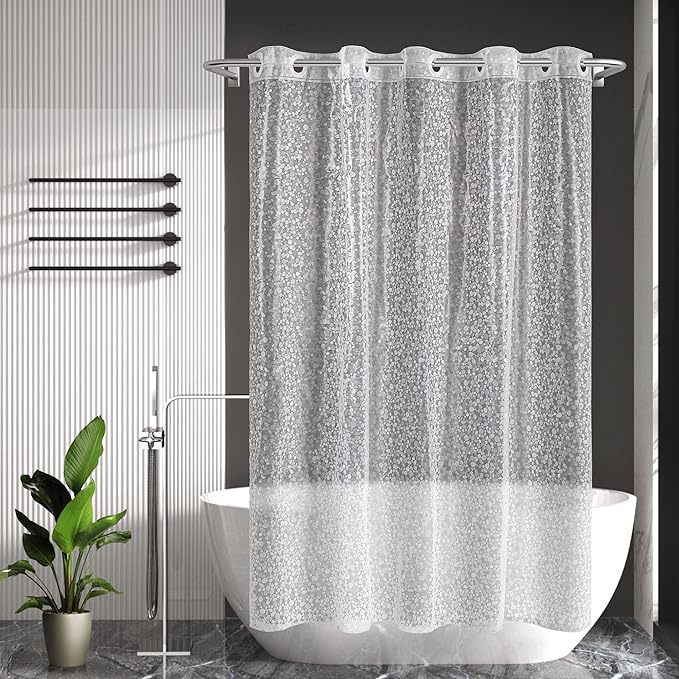 No Hook Shower Curtain or Liner, Standard Size 71 x 74, Pebble | 8G Heavy Duty, Cobblestone Bathroom Shower Curtain, No Hooks Required, Waterproof Plastic & PVC Free
