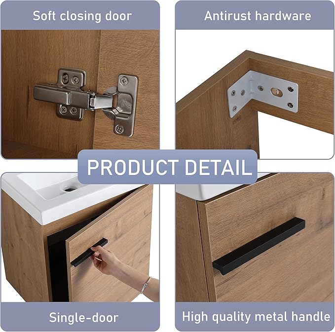 18" Bathroom Vanity with Sink, 18 Inch Floating Bathroom Vanity for Small Space, Modern Bathroom Vanity, Brown Wall Mounted Cabinet Set（017）