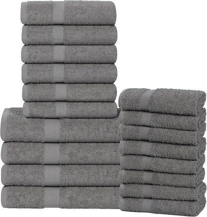 SUPERIOR 18-Piece Cotton Assorted Towel Set, Includes 8 Face Towel, 6 Hand, and 4 Bath Towels, Home, Bathroom, Guest Bath Essentials, Quick Dry, Absorbent, Franklin Collection - Charcoal