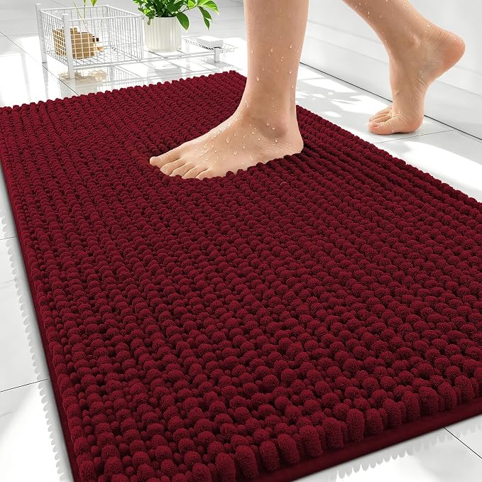 OLANLY Thick Chenille Absorbent Bathroom Rugs Mat 34x21, Burgundy | Soft Bath Rugs, Rubber Backing, Machine Wash Dry, Bath Mats for Bathroom, Tub and Shower, Home Decor Accessories