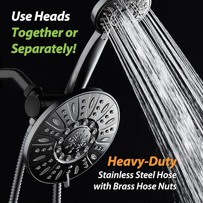 AquaDance 7" Premium High Pressure 3-way Rain & Handheld Shower Head Combo | Enjoy Dual 6-Setting Luxury Shower Heads Separately or Together for the Best of Both Worlds! Stainless Steel Hose - Black